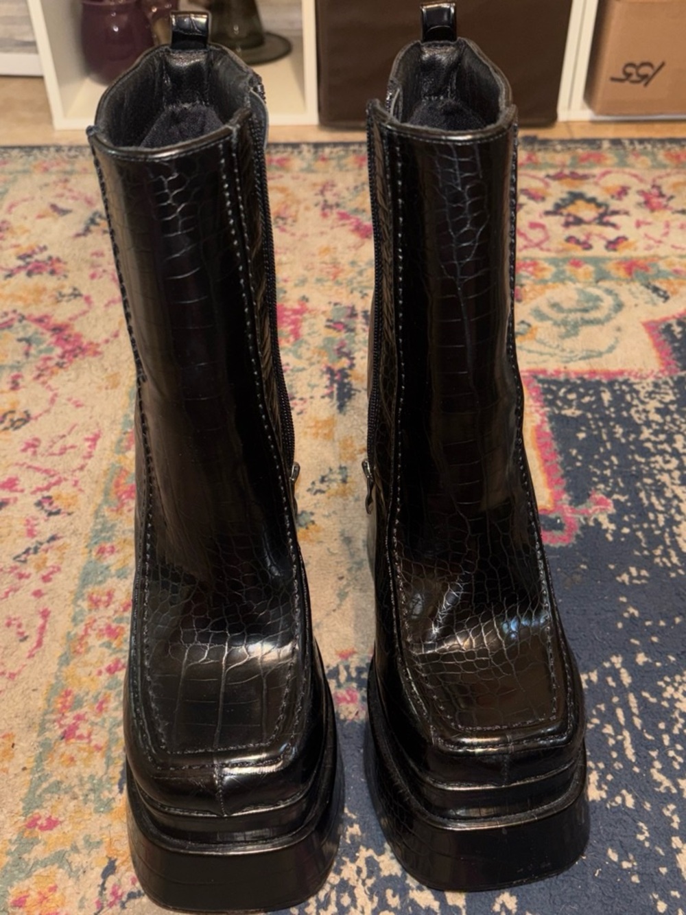 EGO Black Croc-Embossed Platform Boots